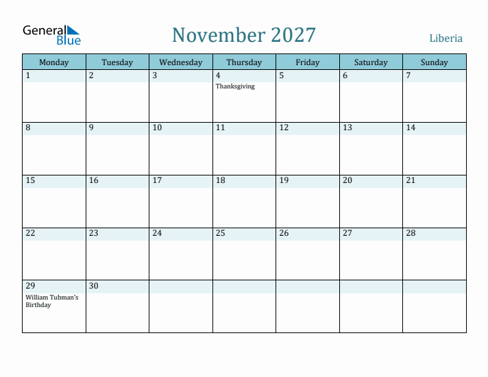 November 2027 Calendar with Holidays