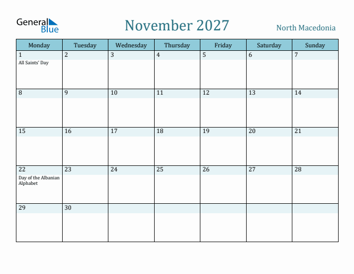 November 2027 Calendar with Holidays