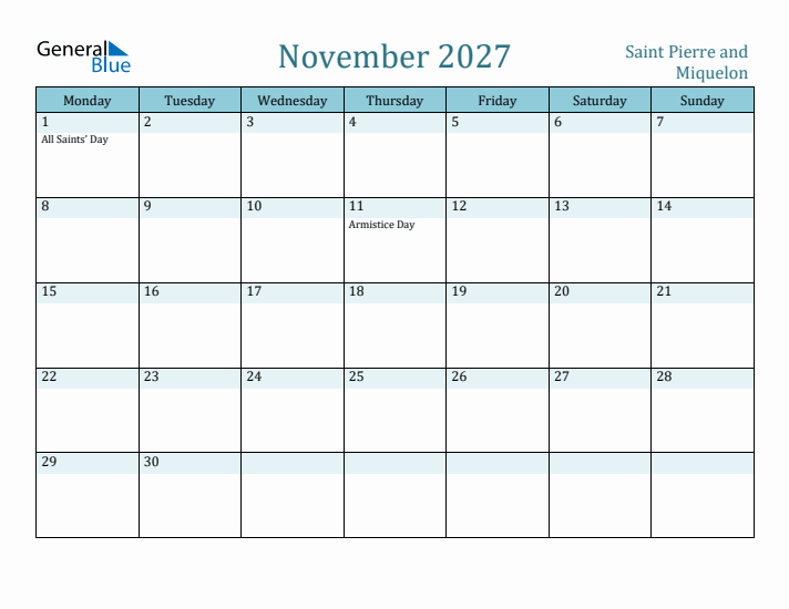 November 2027 Calendar with Holidays
