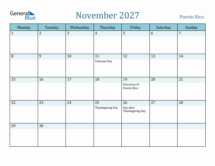 November 2027 Calendar with Holidays
