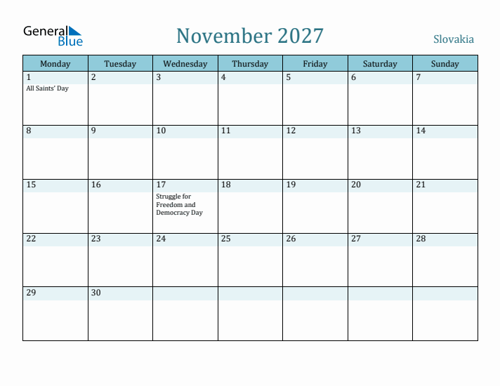 November 2027 Calendar with Holidays