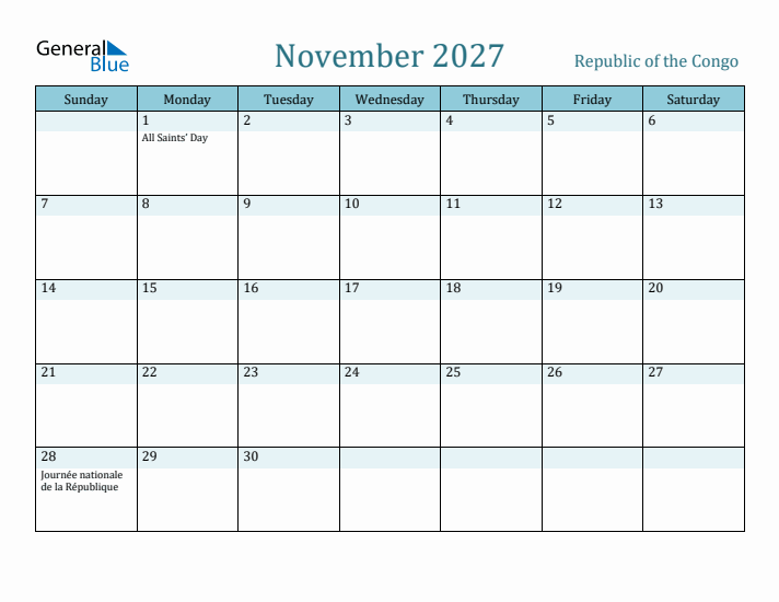 November 2027 Calendar with Holidays