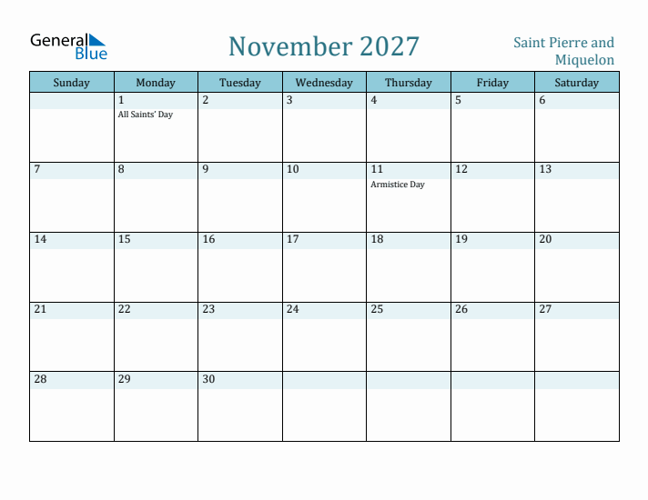 November 2027 Calendar with Holidays