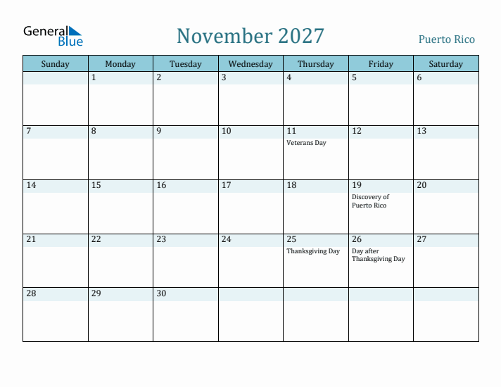 November 2027 Calendar with Holidays