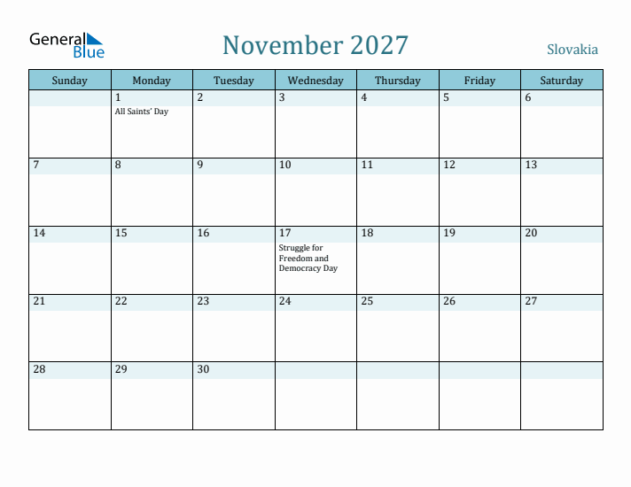 November 2027 Calendar with Holidays
