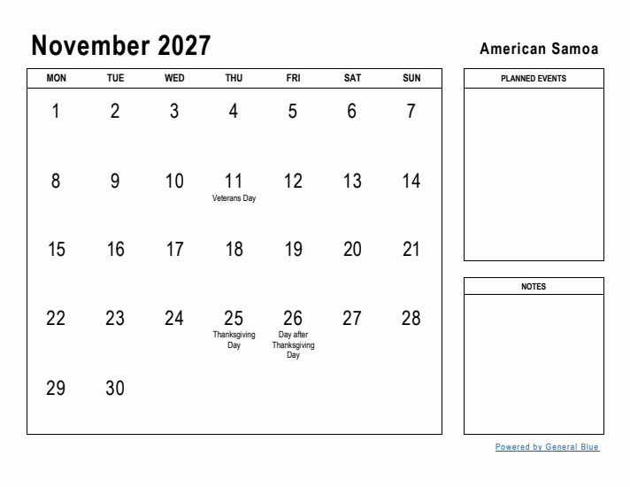 November 2027 Printable Monthly Calendar with American Samoa Holidays