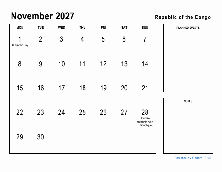 November 2027 Printable Monthly Calendar with Republic of the Congo Holidays