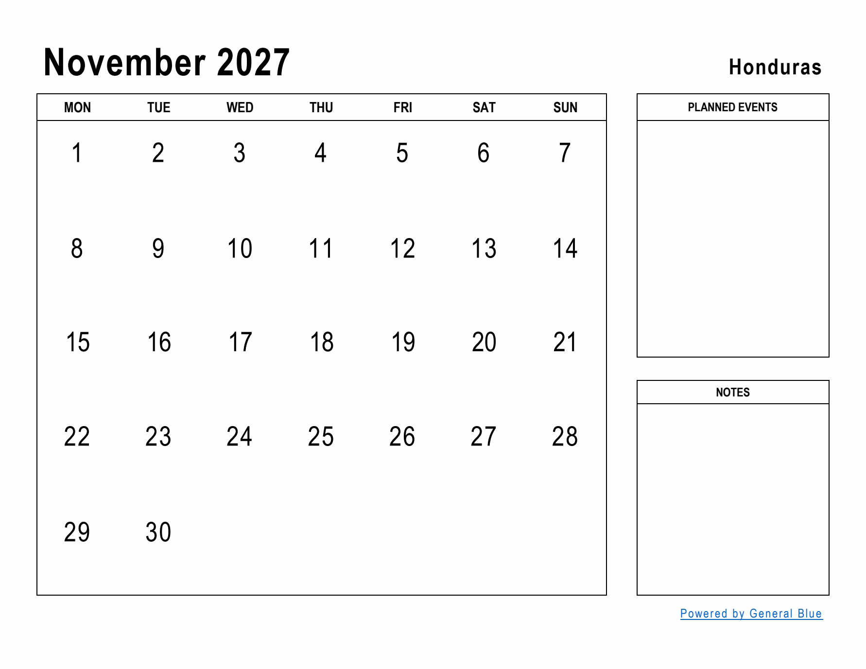 November 2027 Printable Monthly Calendar with Honduras Holidays