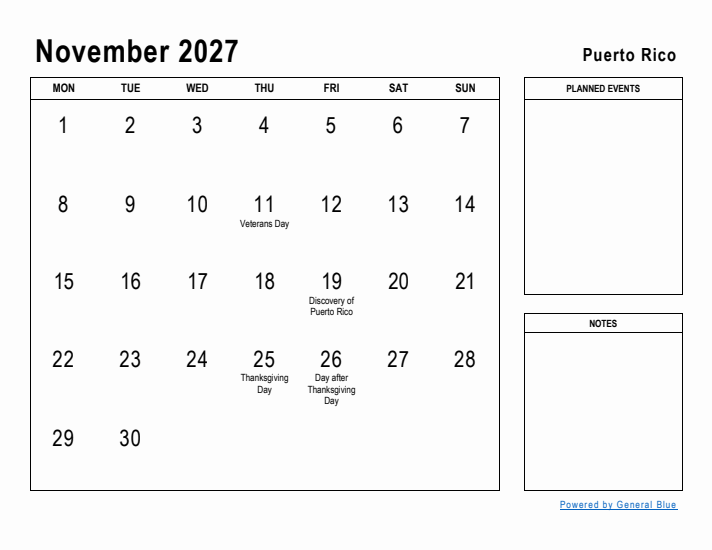 November 2027 Printable Monthly Calendar with Puerto Rico Holidays