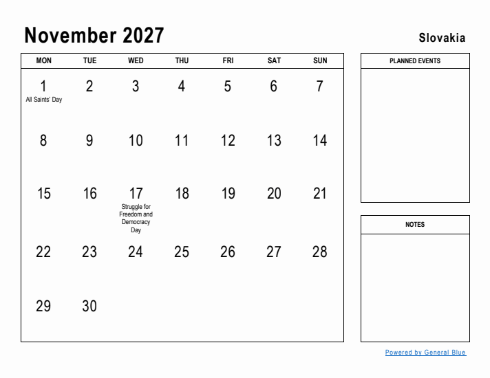 November 2027 Printable Monthly Calendar with Slovakia Holidays