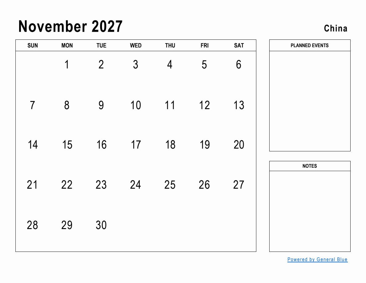 Week 111027 November 2027 Planner with China Holidays