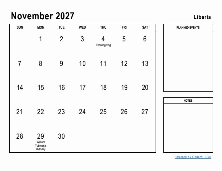 November 2027 Printable Monthly Calendar with Liberia Holidays