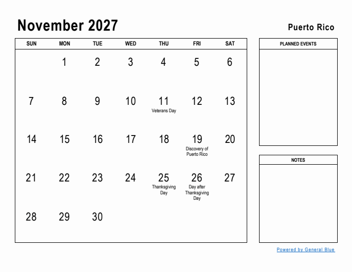 November 2027 Printable Monthly Calendar with Puerto Rico Holidays