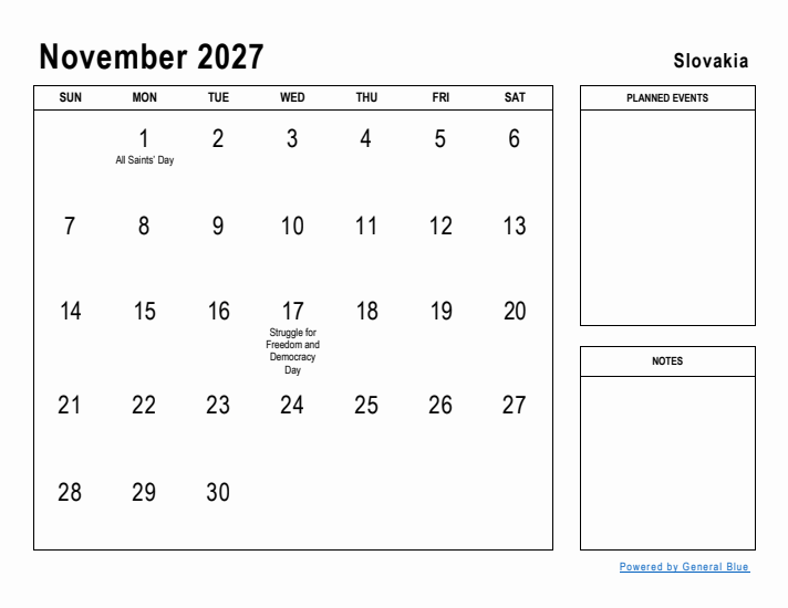 November 2027 Printable Monthly Calendar with Slovakia Holidays