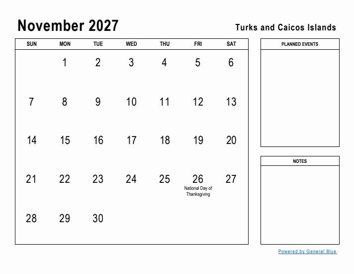 November 2027 Printable Monthly Calendar with Turks and Caicos Islands Holidays