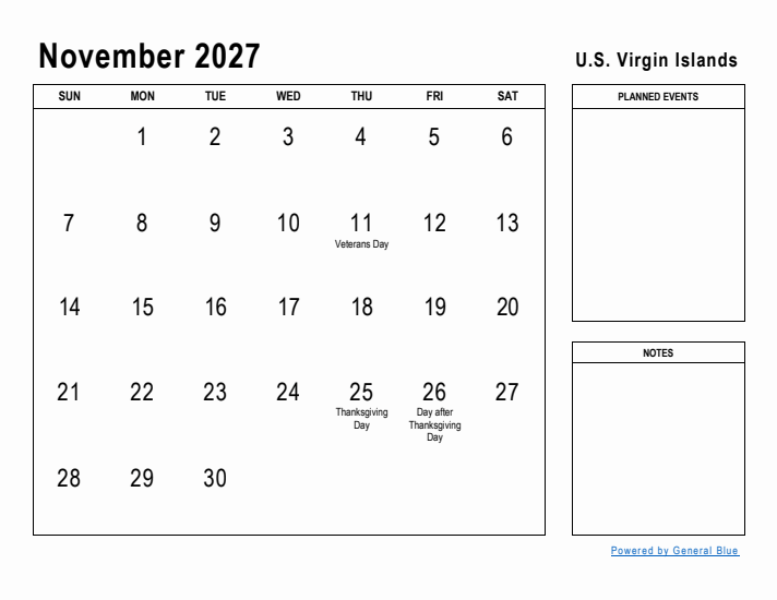 November 2027 Printable Monthly Calendar with U.S. Virgin Islands Holidays