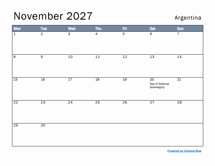November 2027 Simple Monthly Calendar for Argentina