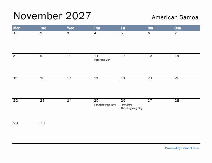 November 2027 Simple Monthly Calendar for American Samoa