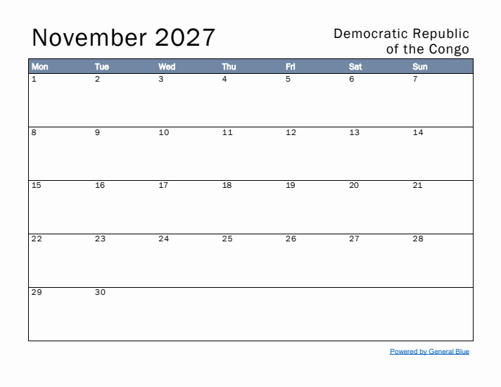 November 2027 Simple Monthly Calendar for Democratic Republic of the Congo