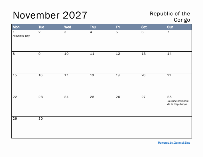 November 2027 Simple Monthly Calendar for Republic of the Congo