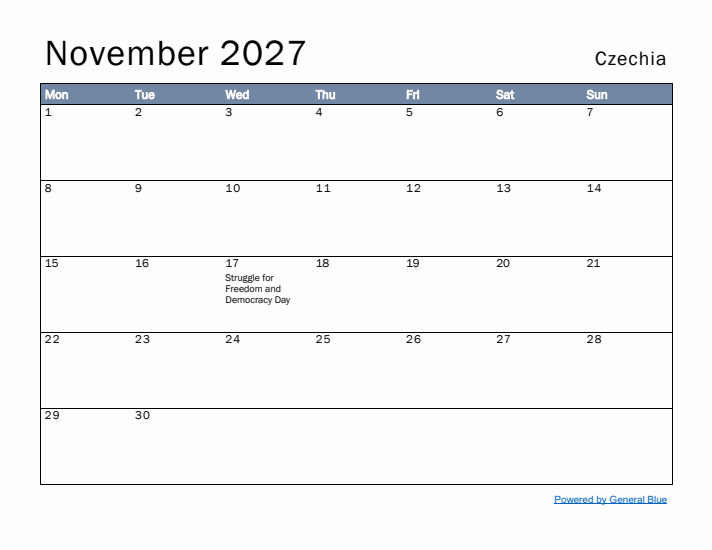 November 2027 Simple Monthly Calendar for Czechia