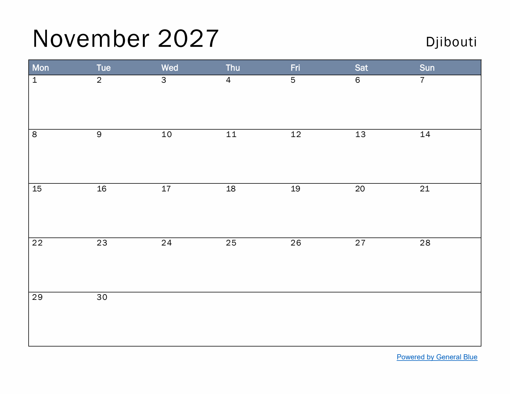 November 2027 Simple Monthly Calendar for Djibouti