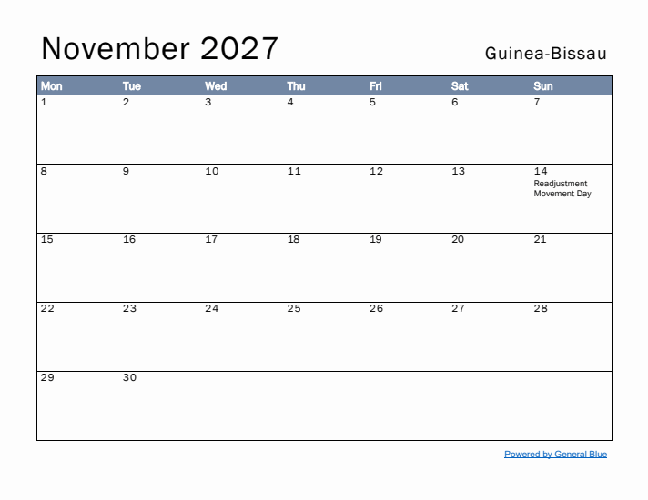 November 2027 Simple Monthly Calendar for Guinea-Bissau
