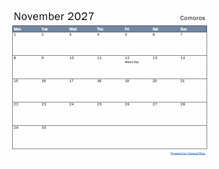 November 2027 Simple Monthly Calendar for Comoros