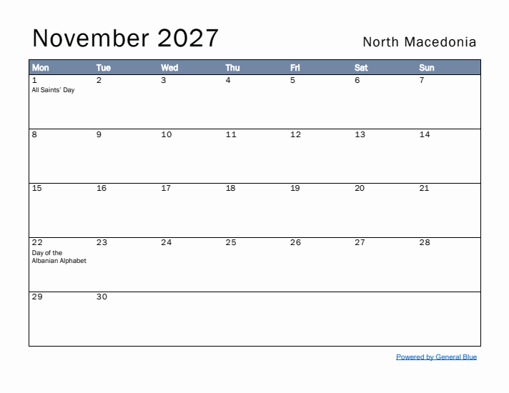November 2027 Simple Monthly Calendar for North Macedonia