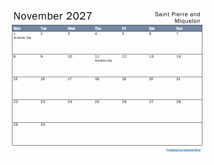 November 2027 Simple Monthly Calendar for Saint Pierre and Miquelon
