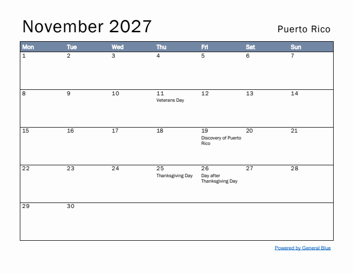 November 2027 Simple Monthly Calendar for Puerto Rico