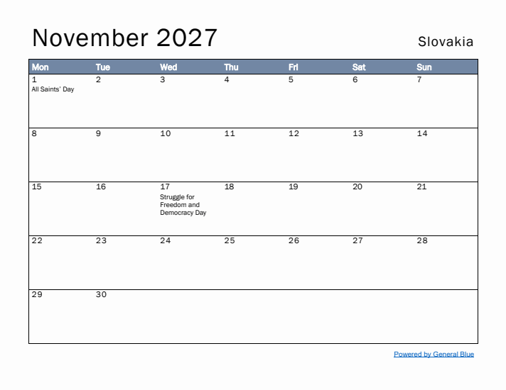 November 2027 Simple Monthly Calendar for Slovakia