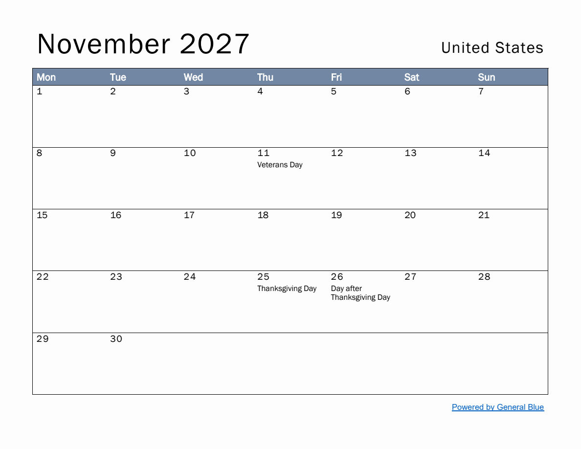 Free Monthly Calendar Template for November 2027 with United States ...
