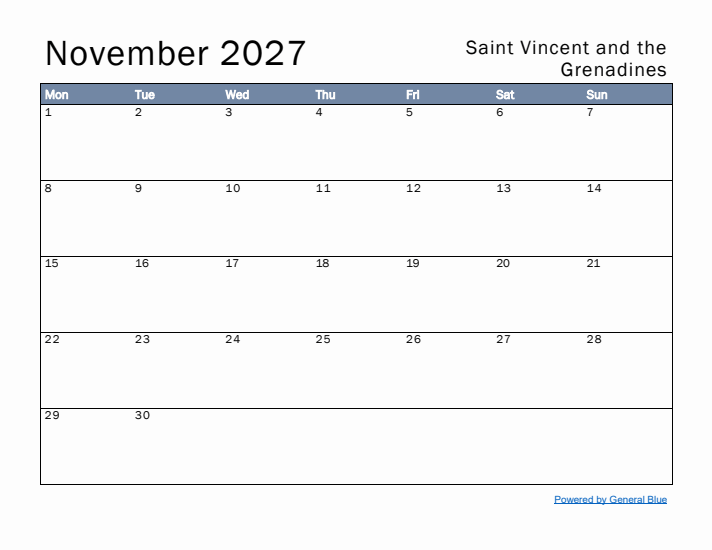 November 2027 Simple Monthly Calendar for Saint Vincent and the Grenadines