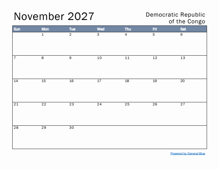 November 2027 Simple Monthly Calendar for Democratic Republic of the Congo
