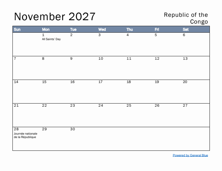 November 2027 Simple Monthly Calendar for Republic of the Congo