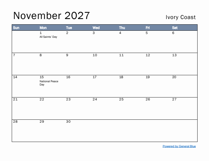 November 2027 Simple Monthly Calendar for Ivory Coast