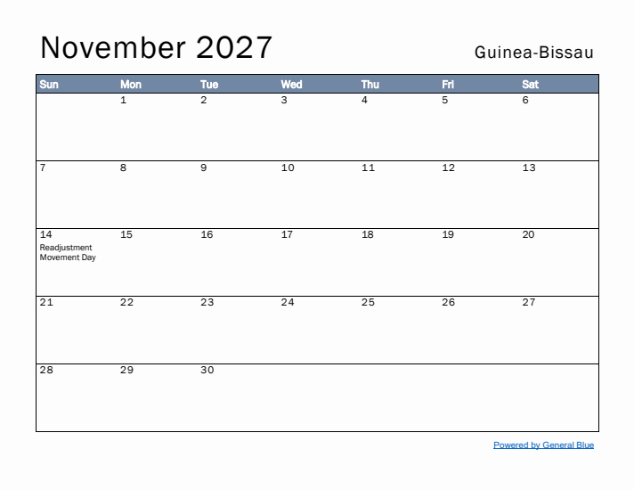 November 2027 Simple Monthly Calendar for Guinea-Bissau