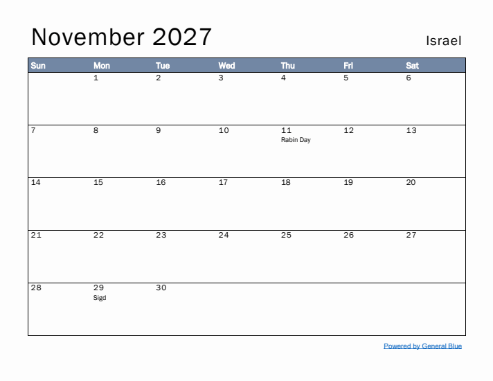 November 2027 Simple Monthly Calendar for Israel