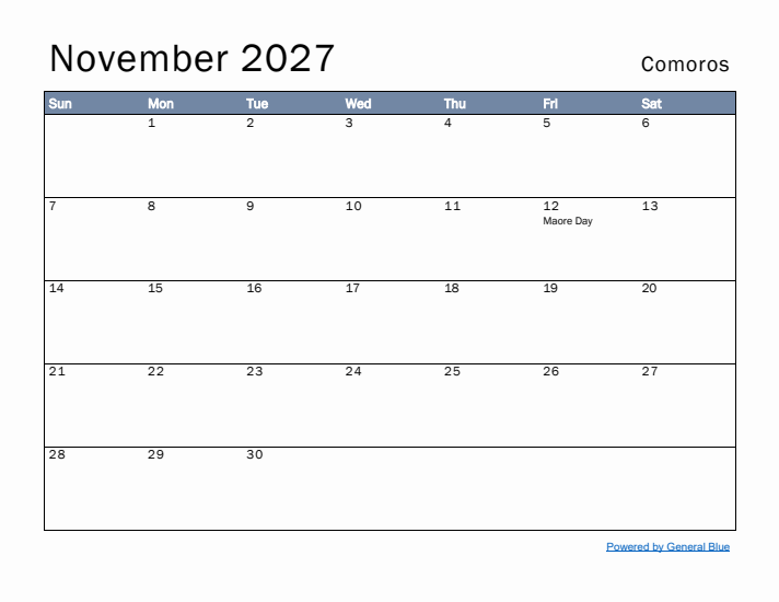 November 2027 Simple Monthly Calendar for Comoros