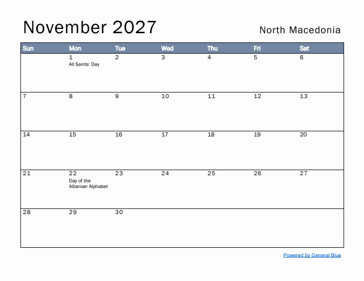 November 2027 Simple Monthly Calendar for North Macedonia