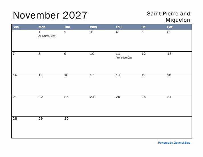 November 2027 Simple Monthly Calendar for Saint Pierre and Miquelon