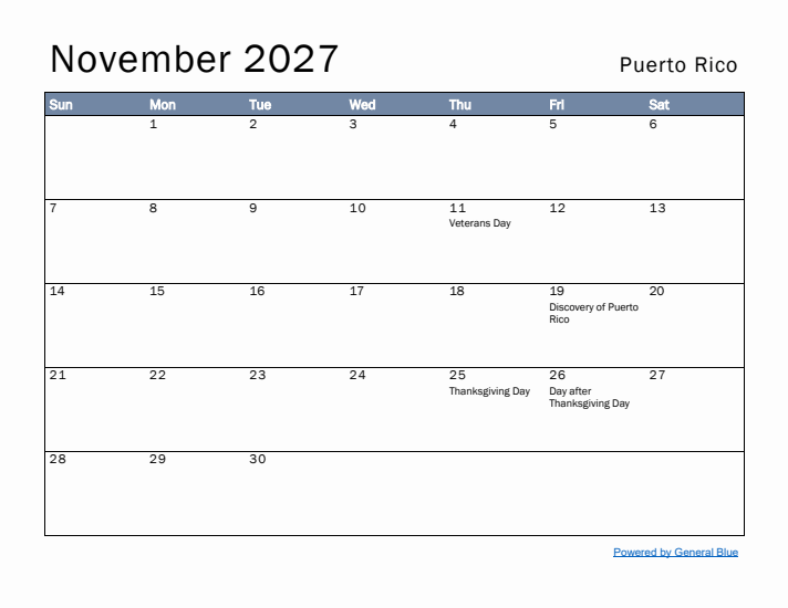 November 2027 Simple Monthly Calendar for Puerto Rico