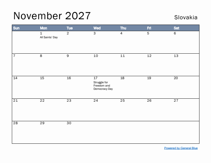 November 2027 Simple Monthly Calendar for Slovakia