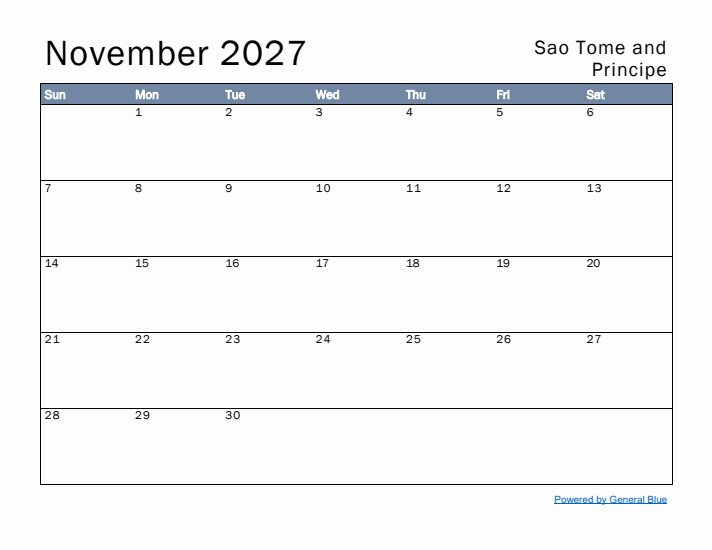 November 2027 Simple Monthly Calendar for Sao Tome and Principe