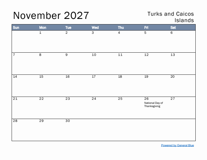 November 2027 Simple Monthly Calendar for Turks and Caicos Islands