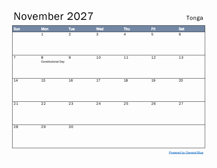 November 2027 Simple Monthly Calendar for Tonga
