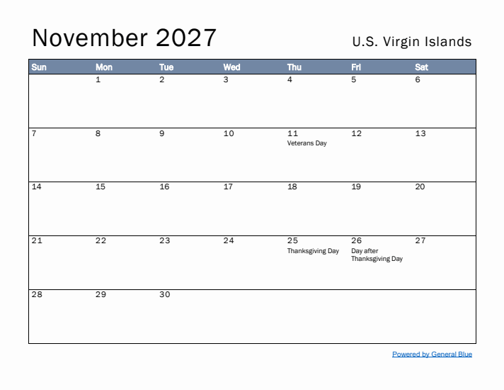November 2027 Simple Monthly Calendar for U.S. Virgin Islands