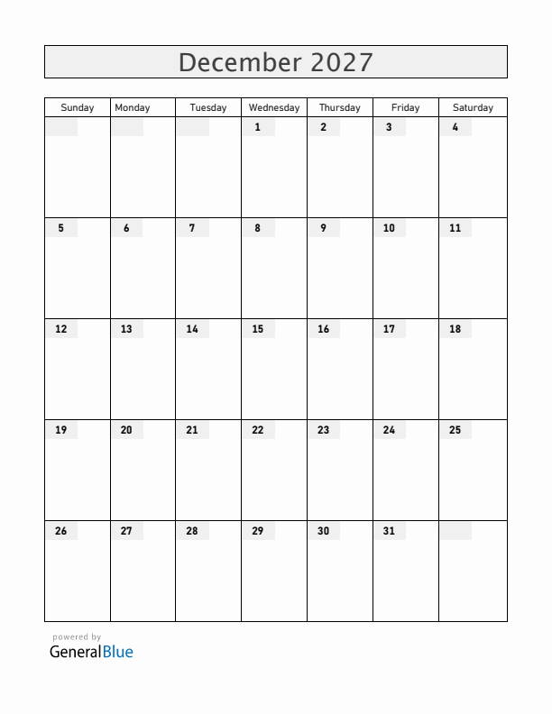 Blank December 2027 Calendar
