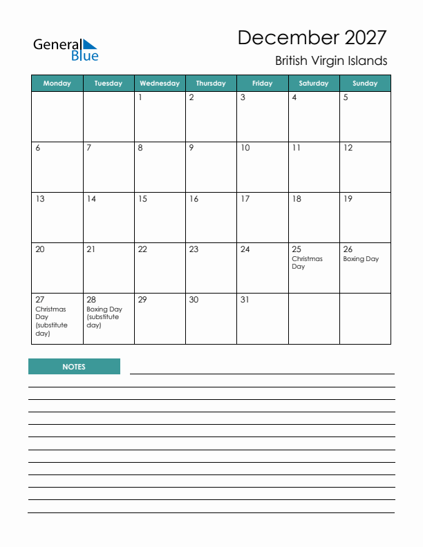 Calendar with Notes Printable - Monday Start